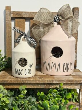 Rae Dunn Mama Bird & Mini Baby Bird Ceramic Birdhouse Set - Pink and Cream